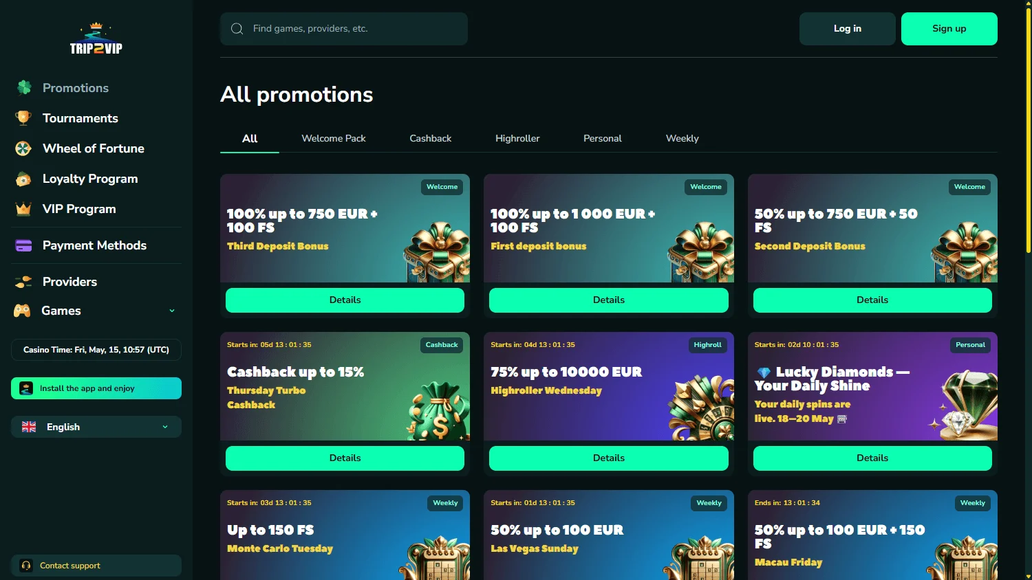 Trip2vip Casino bonus promotions on desktop